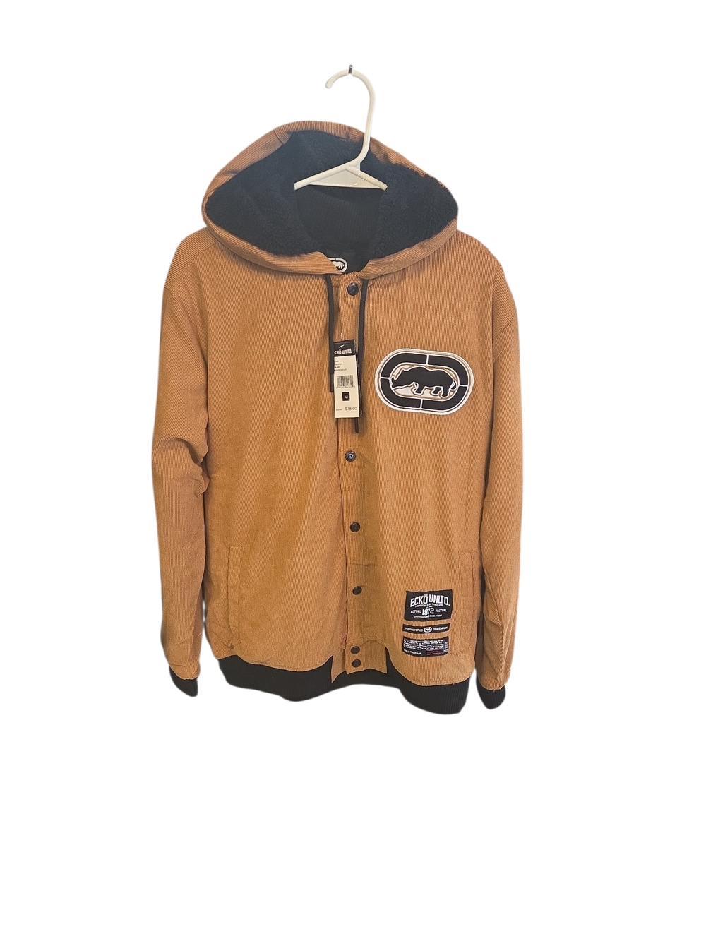 Ecko Unlimited Medium M Tan Hooded Bomber Jacket with Black Sherpa Lining NWT